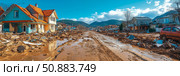 Aftermath: Flood-Ravaged Street Scene with Damaged Homes and Muddy Debris, Conveying a Sense of Natural Disaster and Community Impact. Стоковое AI-изображение, AI-художник Данила Большаков / Фотобанк Лори