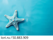 Starfish resting on vibrant ocean blue background with copy space. Стоковое AI-изображение, AI-художник Иван Рябоконь / Фотобанк Лори
