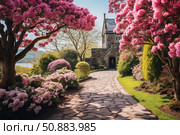 Blooming rhododendrons framing stone path leading to picturesque house. Стоковое AI-изображение, AI-художник Иван Рябоконь / Фотобанк Лори