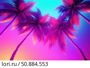 Vibrant palm trees swaying under a neon sky at sunset. Стоковое AI-изображение, AI-художник Иван Рябоконь / Фотобанк Лори