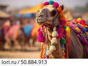 Decorated camel wearing colorful pom poms and tassels at pushkar fair. Стоковое AI-изображение, AI-художник Иван Рябоконь / Фотобанк Лори