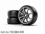 Car tires and alloy wheel rim presenting modern automotive technology. Стоковое AI-изображение, AI-художник Иван Рябоконь / Фотобанк Лори