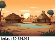Two thatched huts by a pond in a dry african landscape at sunset. Стоковое AI-изображение, AI-художник Иван Рябоконь / Фотобанк Лори