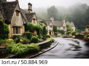 Charming stone cottages line a winding road in the cotswolds on a foggy day. Стоковое AI-изображение, AI-художник Иван Рябоконь / Фотобанк Лори