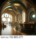 Luxurious futuristic interior with elements of Art Deco and space motifs. Large arched windows open up to the sea coast, filling the room with natural light. The ceiling is decorated with a starry sky, gold inserts and dome elements. The decor combines exquisite furniture, shiny surfaces and modern design. The space looks like a throne room of the future, suitable for science fiction and fantasy worlds. Стоковое AI-изображение, AI-художник Анна Кривицкая / Фотобанк Лори