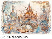 A magical watercolor illustration of a fairytale city with fantastic castles, domes and towers connected by aerial bridges. The composition is filled with the smallest details, flying birds and hovering creatures, creating an atmosphere of wonder and dream. This fantasy painting is inspired by fairy tales, myths and imaginary worlds, perfect for book design, postcards, wallpaper and art nouveau design. Стоковое AI-изображение, AI-художник Анна Кривицкая / Фотобанк Лори