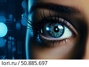 Woman's eye showing futuristic digital circuit board technology reflecting in iris. Стоковое AI-изображение, AI-художник Иван Рябоконь / Фотобанк Лори