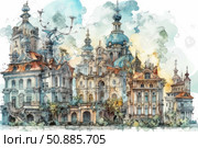 Watercolor illustration of a fairy-tale architectural ensemble with elements of Baroque, Renaissance and fantasy styles. The buildings are decorated with domes, spires, decorative facades and tiled roofs. Cozy and inspiring atmosphere of an old European city created by the artist's imagination. Ideal for book design, posters, postcards, interior design or fantasy illustrations. Стоковое AI-изображение, AI-художник Анна Кривицкая / Фотобанк Лори