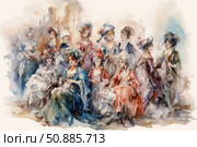 Watercolor illustration depicting a group of elegant ladies in 18th century clothing. The women are dressed in luxurious dresses with lace, hats and feathers, reflecting the fashion of aristocratic society. The painting conveys an atmosphere of sophistication, refinement and historical chic. Suitable for book design, postcards, historical publications, clothing design and interiors in vintage style. Стоковое AI-изображение, AI-художник Анна Кривицкая / Фотобанк Лори
