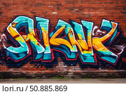 Colorful graffiti art painting urban street art on brick wall. Стоковое AI-изображение, AI-художник Иван Рябоконь / Фотобанк Лори