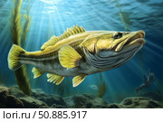 Large white seabass swimming in the ocean near kelp forest. Стоковое AI-изображение, AI-художник Иван Рябоконь / Фотобанк Лори