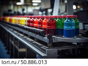 Bottling plant conveyor belt carrying colorful liquid products. Стоковое AI-изображение, AI-художник Иван Рябоконь / Фотобанк Лори