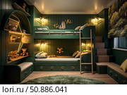 Modern green bunk beds illuminating cozy children's bedroom. Стоковое AI-изображение, AI-художник Иван Рябоконь / Фотобанк Лори