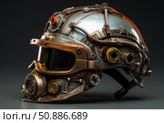 Steampunk helmet exhibiting intricate gears and tubes on dark background. Стоковое AI-изображение, AI-художник Иван Рябоконь / Фотобанк Лори