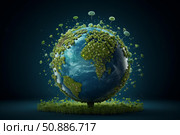 Planet earth covered in lush vegetation and connected by intricate network, showing environmental interdependence. Стоковое AI-изображение, AI-художник Иван Рябоконь / Фотобанк Лори