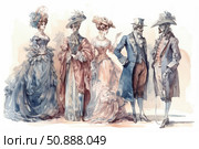 An exquisite watercolor illustration of a group of elegantly dressed ladies and gentlemen from the 18th century. The characters are dressed in period costumes - puffy dresses with crinolines, hats with feathers, waistcoats, doublets and canes. The style is maintained in a soft color scheme, conveying the atmosphere of the Rococo or late Baroque era. The illustration is suitable for themes on the history of fashion, reenactments, classical literature, costume balls and aristocratic culture. Стоковое AI-изображение, AI-художник Анна Кривицкая / Фотобанк Лори