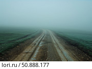 Dirt road disappearing into the fog on a cold winter morning. Стоковое AI-изображение, AI-художник Иван Рябоконь / Фотобанк Лори