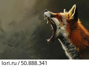 Red fox yawning showing teeth and mouth open wide. Стоковое AI-изображение, AI-художник Иван Рябоконь / Фотобанк Лори