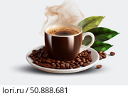 Steaming cup of coffee with coffee beans and leaves on white background. Стоковое AI-изображение, AI-художник Иван Рябоконь / Фотобанк Лори