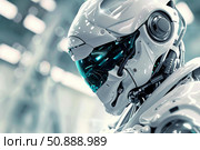 Futuristic robot wearing helmet with glowing visor in advanced technological facility. Стоковое AI-изображение, AI-художник Иван Рябоконь / Фотобанк Лори