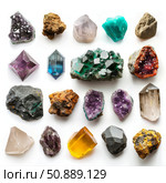 Collection of colorful crystal minerals and stones on white background. Стоковое AI-изображение, AI-художник Иван Рябоконь / Фотобанк Лори