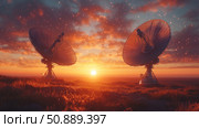 Two radio telescopes against a stunning sunset with stars and warm clouds. The image combines elements of science, space and poetic nature. The atmosphere of the image conveys a sense of anticipation and connection with the unknown, ideal for the themes of astrophysics, communications, search for extraterrestrial life and futuristic concepts. Стоковое AI-изображение, AI-художник Анна Кривицкая / Фотобанк Лори