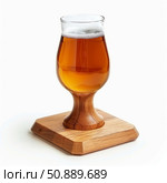 Glass of light beer standing on wooden coaster. Стоковое AI-изображение, AI-художник Иван Рябоконь / Фотобанк Лори