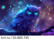 Majestic purple owl with glowing eyes perched on a branch at night. Стоковое AI-изображение, AI-художник Иван Рябоконь / Фотобанк Лори