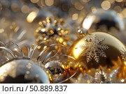 Golden and silver christmas ornaments glimmering in warm light. Стоковое AI-изображение, AI-художник Иван Рябоконь / Фотобанк Лори
