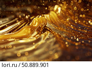 Golden liquid flowing with sparkling particles creating abstract pattern. Стоковое AI-изображение, AI-художник Иван Рябоконь / Фотобанк Лори