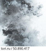 Grey smoke forming intricate patterns on white background. Стоковое AI-изображение, AI-художник Иван Рябоконь / Фотобанк Лори