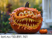 Intricately carved pumpkin monster grinning for halloween festivities. Стоковое AI-изображение, AI-художник Иван Рябоконь / Фотобанк Лори