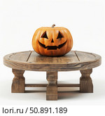 Halloween pumpkin sitting on round wooden table. Стоковое AI-изображение, AI-художник Иван Рябоконь / Фотобанк Лори