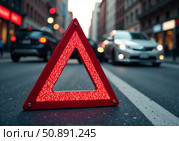 Автомобильная авария на дороге и знак аварийной остановки. A car accident on the road and an emergency stop sign. Стоковое AI-изображение, AI-художник Смирнова Светлана / Фотобанк Лори