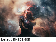 Human head silhouette filled with colorful nebula and starry sky. Стоковое AI-изображение, AI-художник Иван Рябоконь / Фотобанк Лори