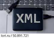 XML - acronum on an external drive in gray letters on the background of a laptop. Стоковое фото, фотограф Жанна Гапанович / Фотобанк Лори