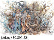 A fantasy watercolor illustration of three wizards surrounded by mystical creatures and elements of nature. The wizards are dressed in ancient robes with long beards, staffs and headdresses, as if they came out of an ancient legend. Around them are fantastic animals, swirling smoky patterns, tree entities and magical birds. The image is filled with a fairy-tale atmosphere and details that refer to the worlds of epic fantasy. Ideal for book covers, card games, posters and tabletop RPGs. Стоковое AI-изображение, AI-художник Анна Кривицкая / Фотобанк Лори