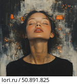 An artistic portrait of a young woman with closed eyes, painted in an expressive manner. Her face is illuminated by a soft light, her lips are slightly parted, and her head is thrown back, as if she is in a state of deep emotion, liberation or inner peace. Against the background of an abstract dark texture are bright flickering lights, reminiscent of city lights or sparks. The atmosphere of the painting combines vulnerability and strength, introversion and light within. Ideal for themes of visual art, conceptual fashion, psychological themes and emotional expressiveness. Стоковое AI-изображение, AI-художник Анна Кривицкая / Фотобанк Лори