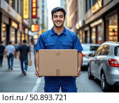 A man in a blue shirt is holding a cardboard box. Стоковое AI-изображение, AI-художник Ярославский Максим / Фотобанк Лори