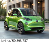 A green car is parked in front of a building. Стоковое AI-изображение, AI-художник Ярославский Максим / Фотобанк Лори