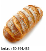 Freshly baked loaf of bread showing scoring marks on white background. Стоковое AI-изображение, AI-художник Иван Рябоконь / Фотобанк Лори