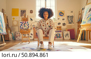 Artistic Serenity: Young Woman Meditating in Art Studio Surrounded by Canvases & Creativity for Calm Inspiration. Стоковое AI-изображение, AI-художник Данила Большаков / Фотобанк Лори