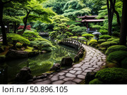 Stone path leading through lush japanese garden with traditional pagoda. Стоковое AI-изображение, AI-художник Иван Рябоконь / Фотобанк Лори