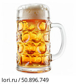 Large beer glass full of refreshing lager with thick foam head on white background. Стоковое AI-изображение, AI-художник Иван Рябоконь / Фотобанк Лори