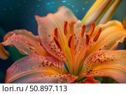 Close up of vibrant orange lily showing stamens and dewdrops. Стоковое AI-изображение, AI-художник Иван Рябоконь / Фотобанк Лори