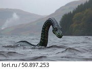 Loch ness monster swimming in the loch ness lake during a rainy day. Стоковое AI-изображение, AI-художник Иван Рябоконь / Фотобанк Лори