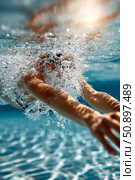 Diver gracefully plunges into water, creating splashes and ripples in a serene aquatic environment. Стоковое AI-изображение, AI-художник Гайфуллина Дина / Фотобанк Лори