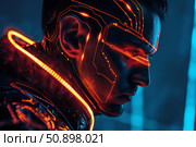 Cyberpunk man showing futuristic neon lights and technological implants. Стоковое AI-изображение, AI-художник Иван Рябоконь / Фотобанк Лори