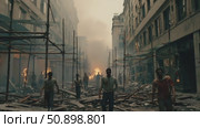 Desolate urban street overrun by a horde of shambling undead amidst smoke and fiery destruction. Стоковое AI-видео, аниматор Данила Большаков / Фотобанк Лори