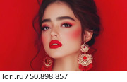 Elegant beauty in crimson, showcasing a female countenance adorned with bold cosmetic accents and ornate jewelry. Стоковое AI-видео, аниматор Данила Большаков / Фотобанк Лори